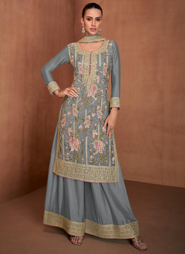 Georgette Grey Eid Wear Embroidery Work Readymade Plazzo Suit